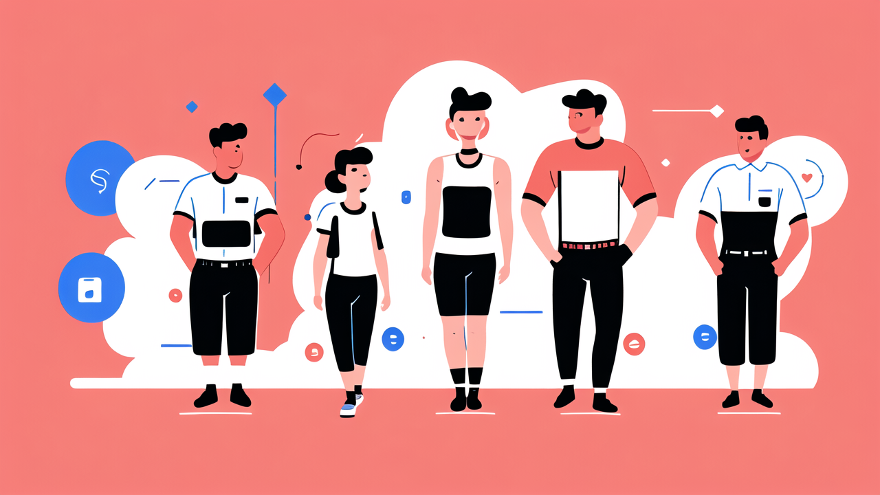 Stylized figures in Wearables Clothing, bold red accents, Smartwatch Health theme.