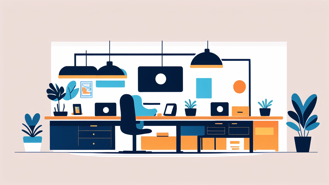 Modern workspace design with Coffee Tables, blue accents, black chairs, and desk items