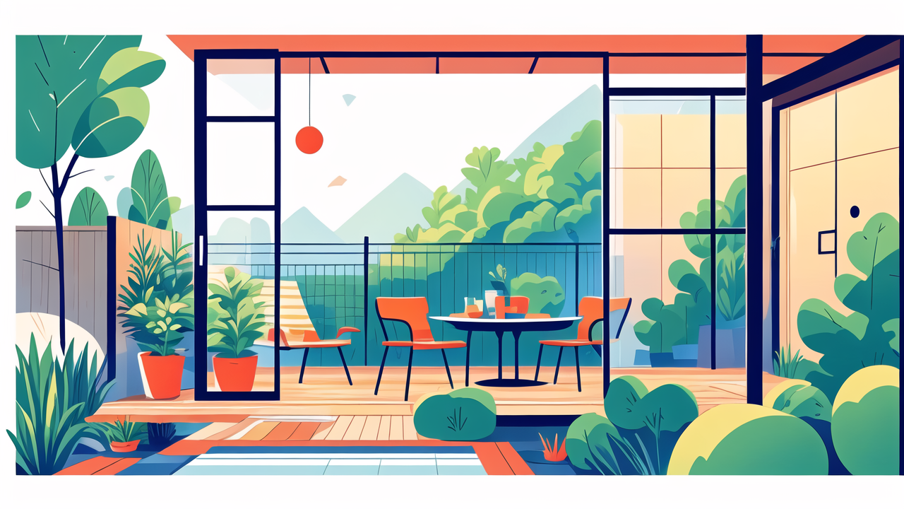 Serene patio with Wooden Accent Table, vibrant plants, and cozy furniture.