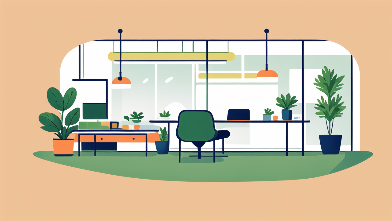Modern office with Teak Furniture, blue and orange tones, plants, city view