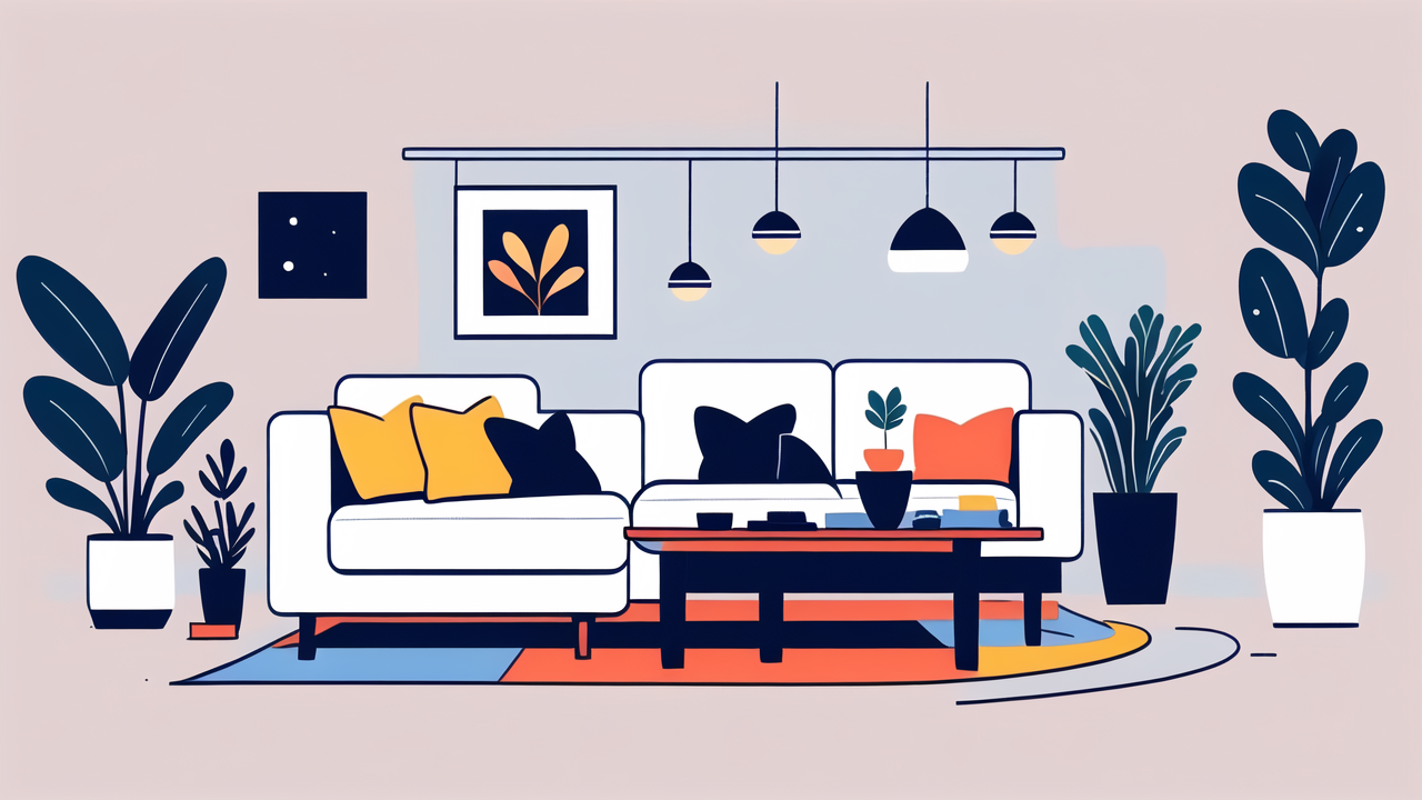 modern interior with vibrant coffee tables, traditional coffee table, plants, pendant lights