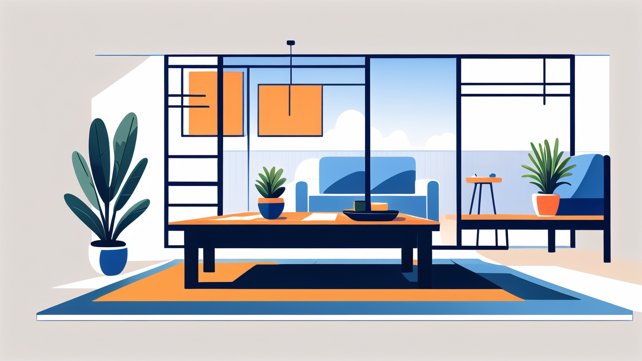 Modern living room with a teak coffee table, plants, blue and orange decor, and a Teak Desk.