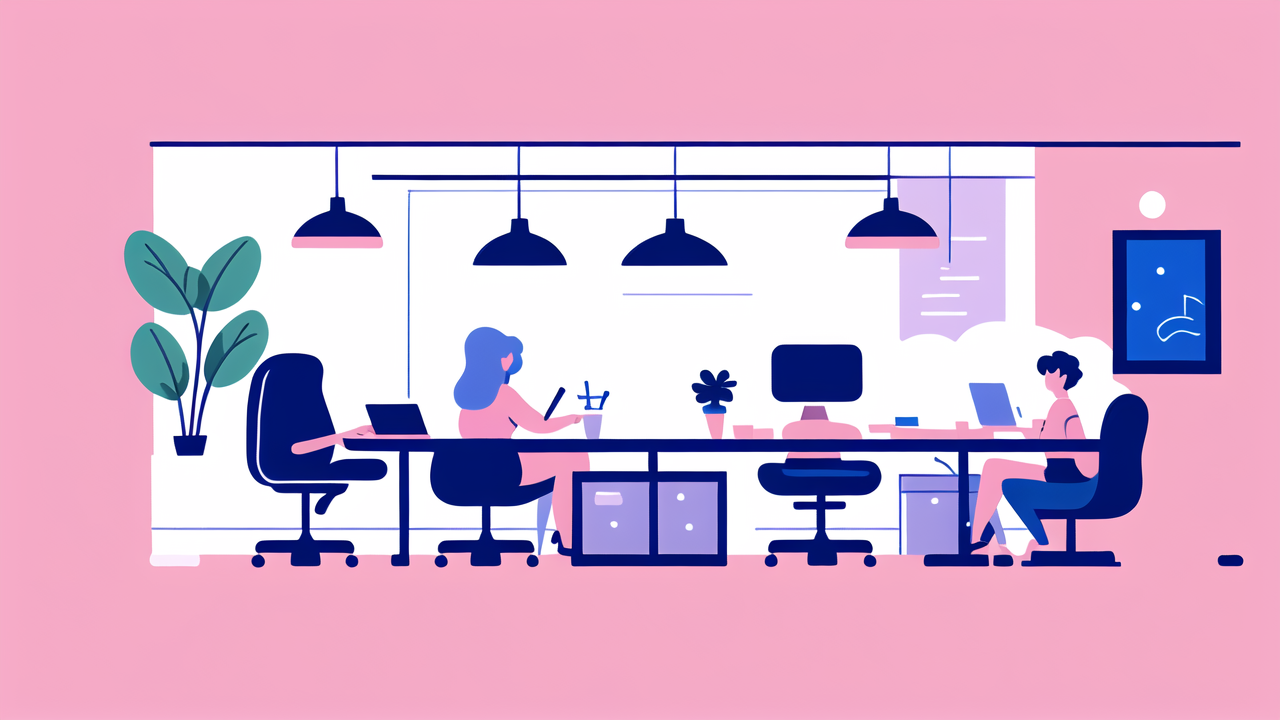 Modern office with Cosmic Bar Stool, vibrant blue and orange colors, potted plant.