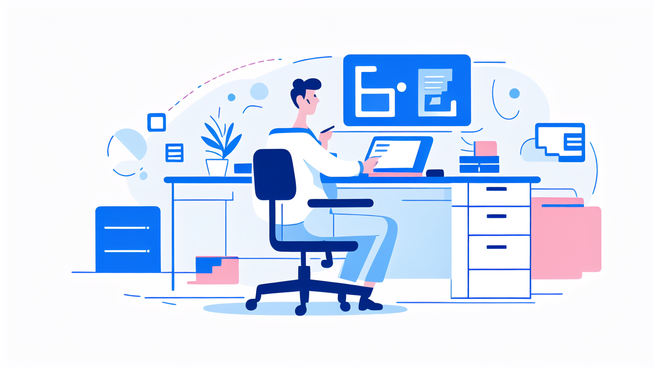 Ergonomic white office chair, bar stools, modern office setting, blue color scheme