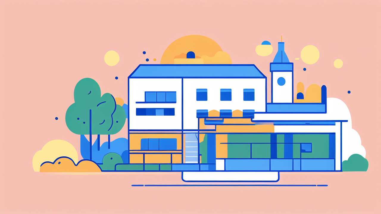 Modern building complex with vibrant colors and geometric forms, featuring a fiberglass pole.