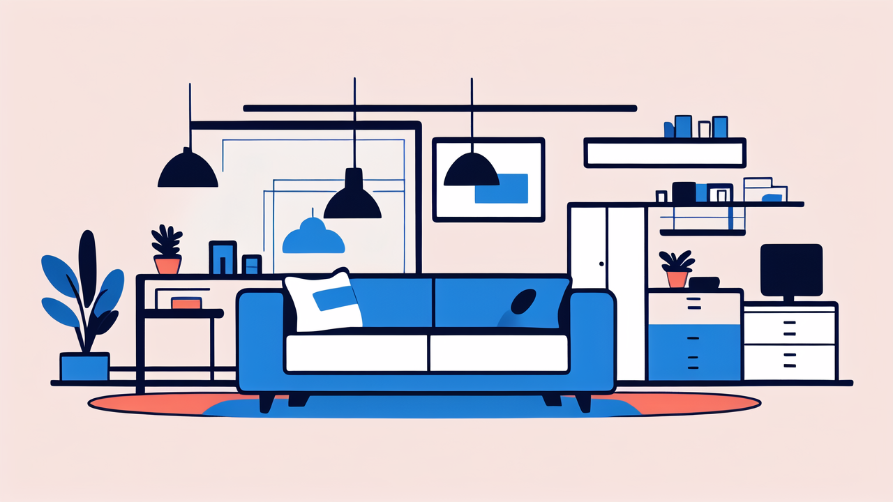 modern living room with red and blue couches, Rolling Kitchen Shelves, tall high back chairs