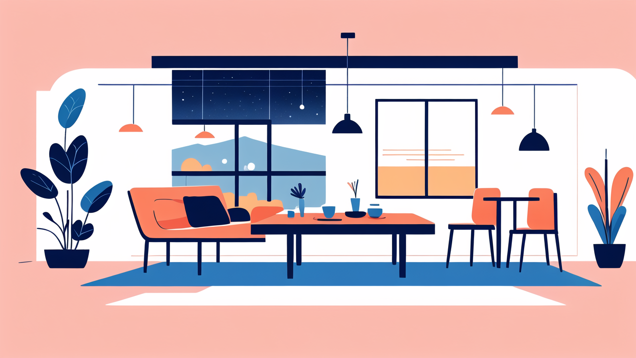 mirror dining table, Modern office with Mirror Table Top, blue and orange decor, computer, and potted plants