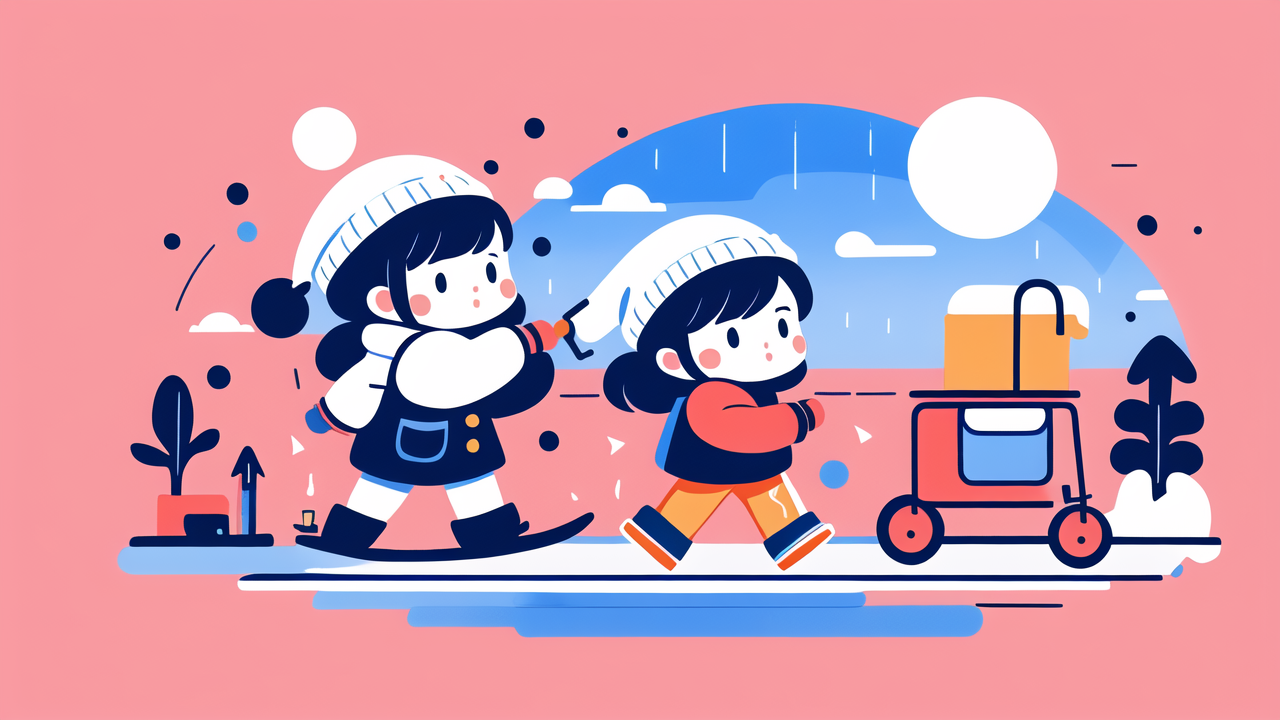 Cartoon duo with hand warmer, baby buggy, red heart, and whimsical sun-moon decor.