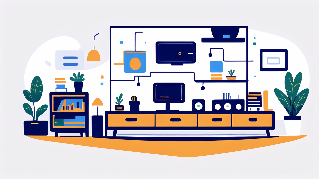 modern living room with ergonomic bar stools, remote audio, blue-orange theme
