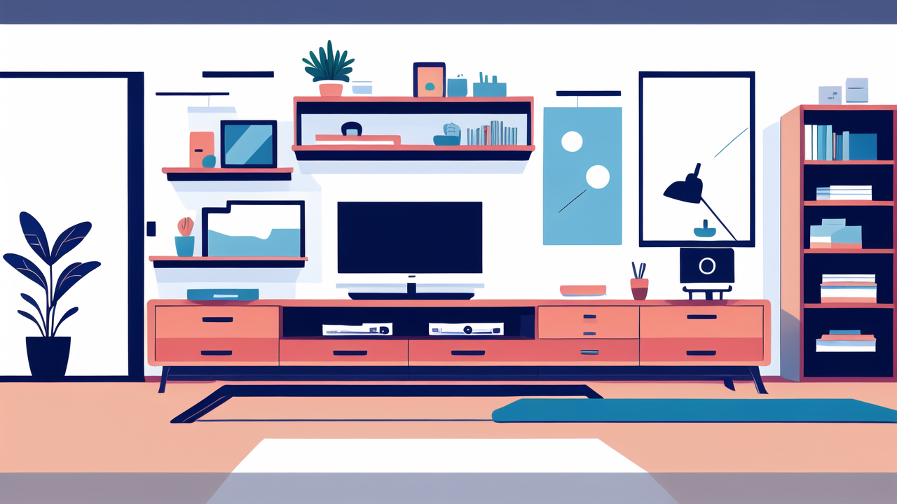 space saving dresser, Modern living room with a blue couch and space-saving dressers in a minimalist design.
