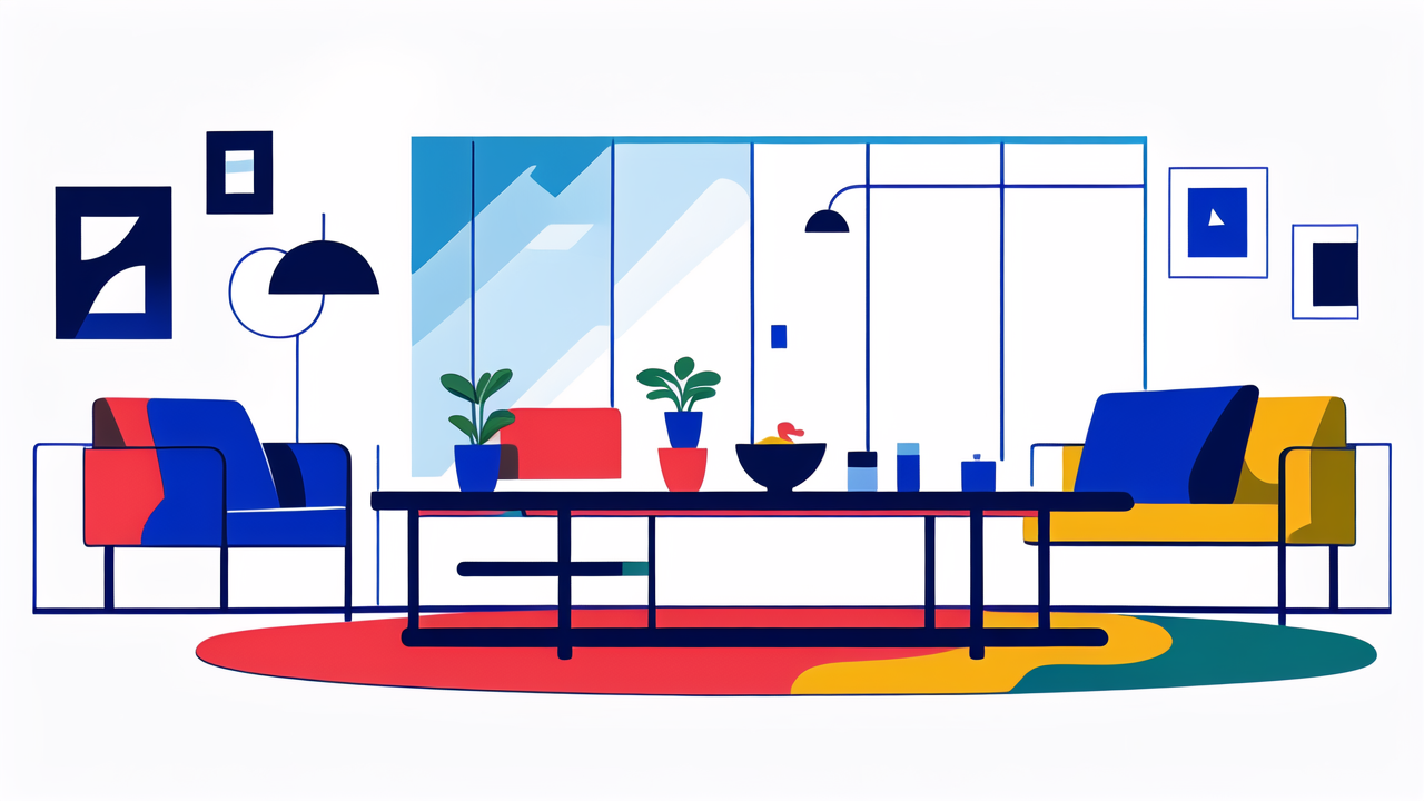 coffee glass table, Modern living room with blue sofa, red armchair, and Glass Coffee Table.