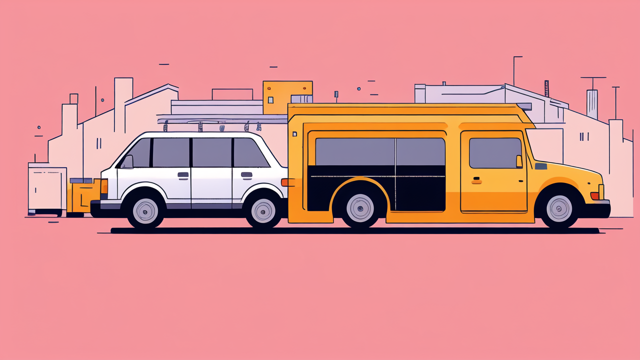 Stylized cityscape with white car, yellow bus, pink backdrop, carbon fibre theme.