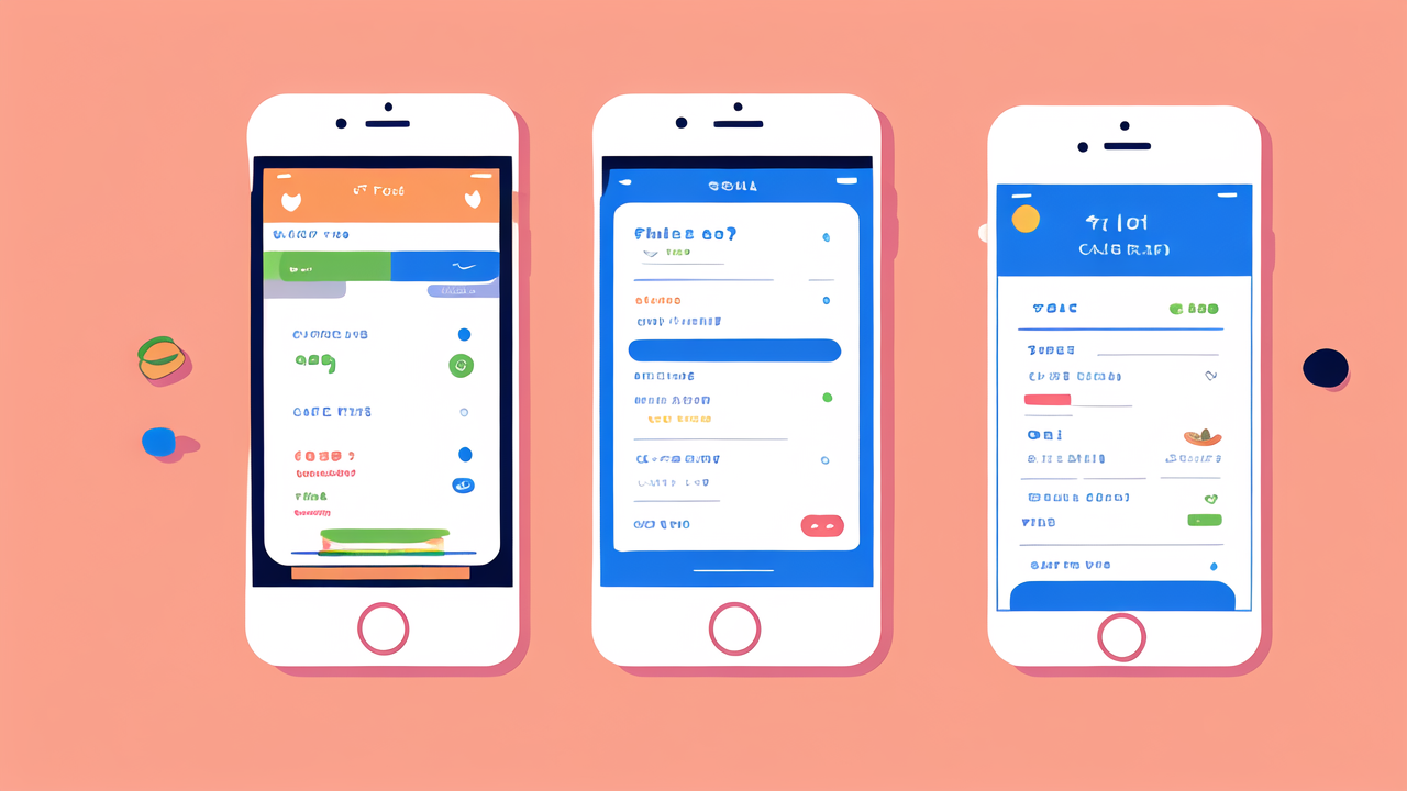 tracking calorie, Mobile app screens with varied color schemes; focus on Apple Health integration.
