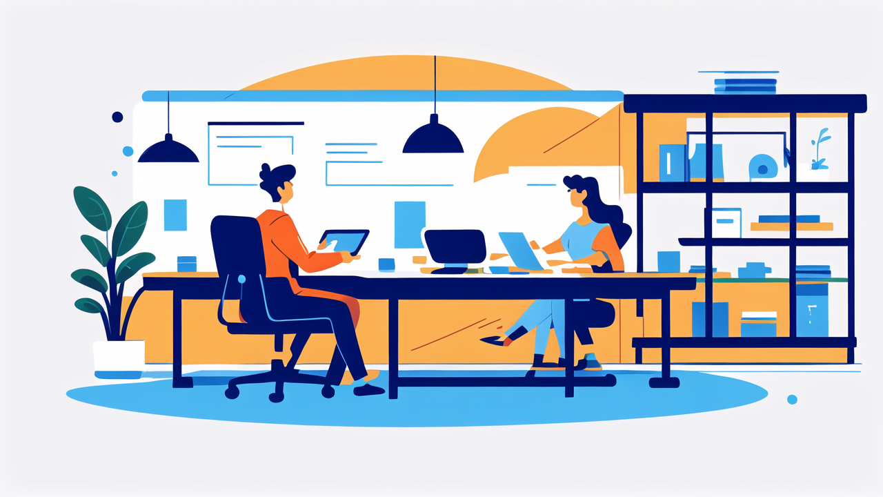 Cool office with recliner chairs, modern design, tech devices, collaborative ambiance
