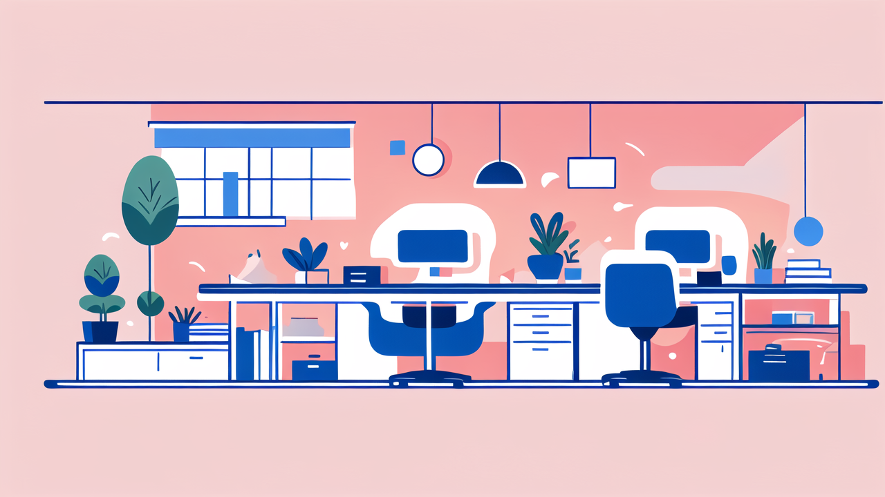 Modern office with chrome table bases, swing chairs, vibrant colors, and sleek design