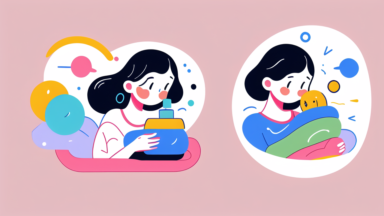nasal aspirator electric, Electric Nasal Aspirator illustration; woman joyful with blue bottle, serene with plush toy.