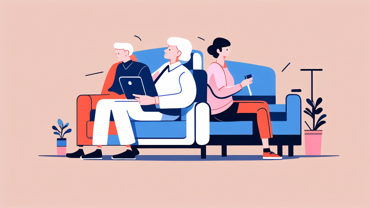 furniture for elderly, Woman caring for unwell child on couch, thermometer in hand, serene setting