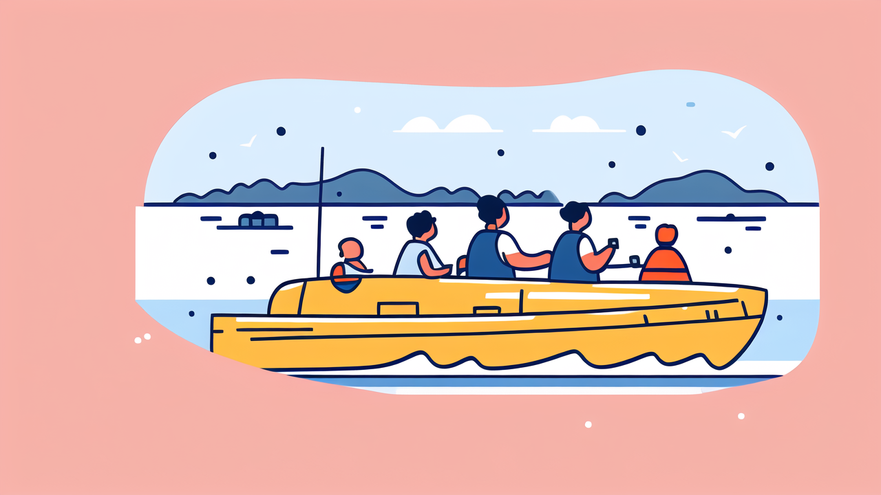 Colorful lake scene with boats; inflatable life vest, family safe focus.