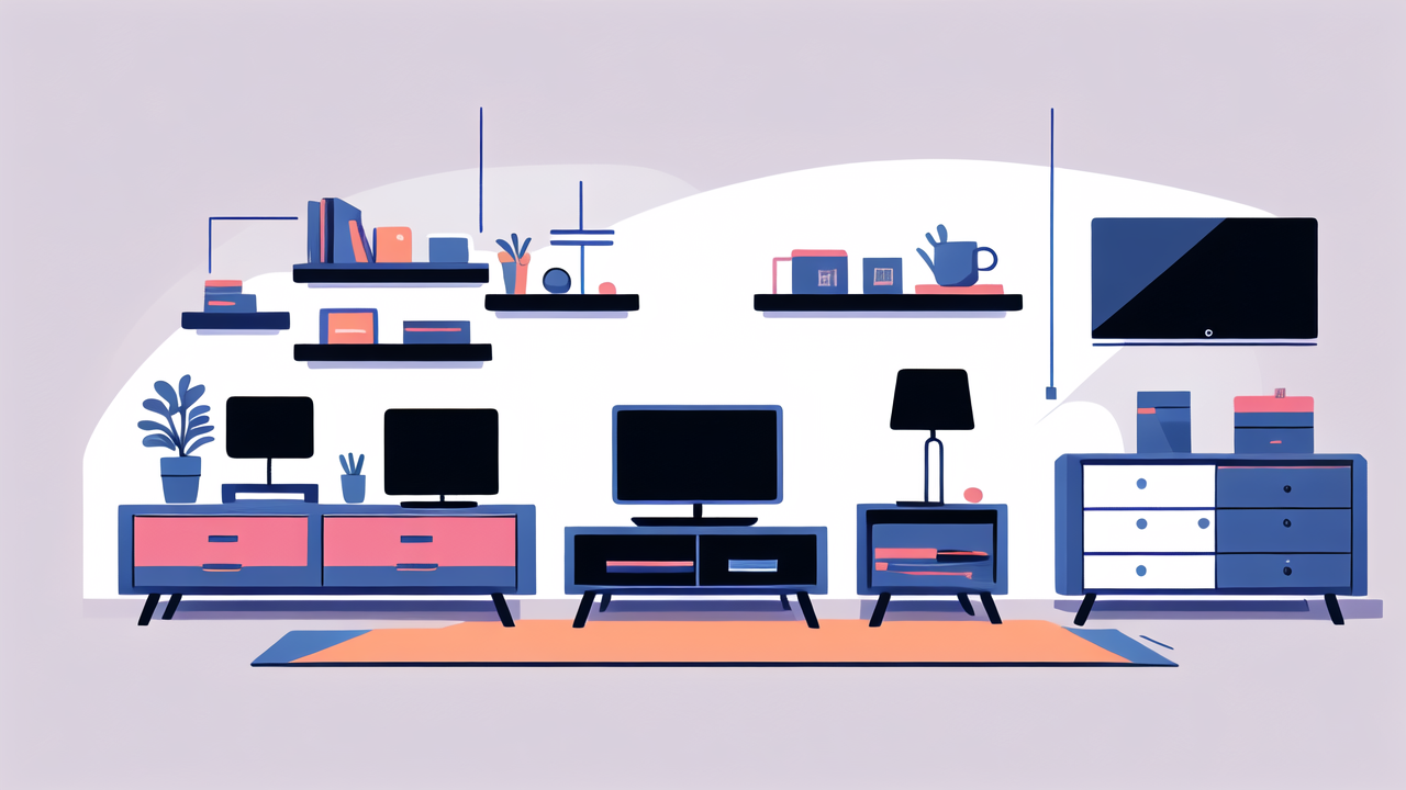 Modern living room with adjustable TV stand, white couch, and blue accents