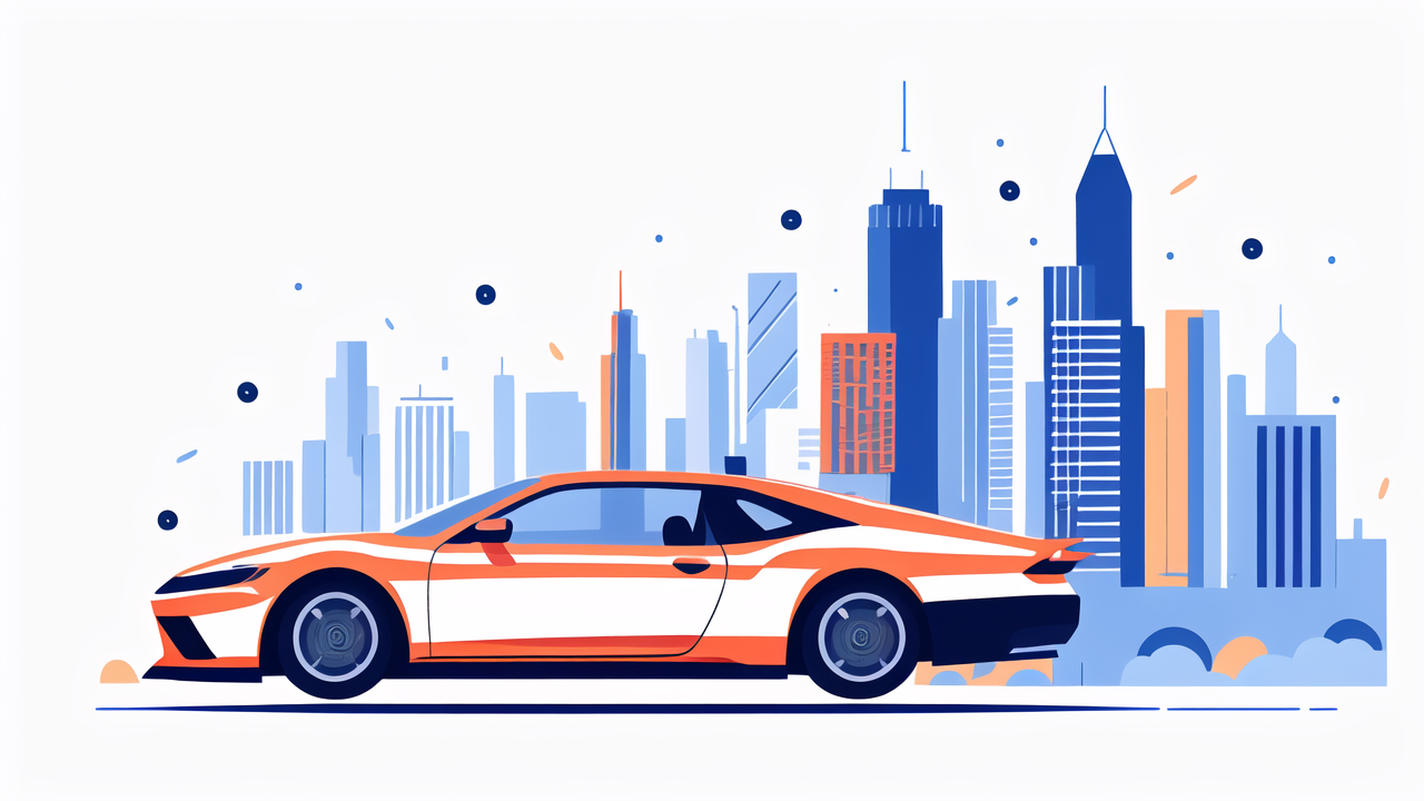 carbon fiber forged, Sports car in orange and white races through cityscape, evoking carbon fiber style.