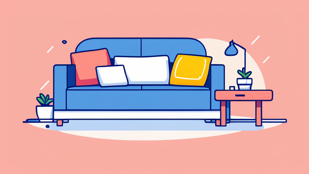 software ergonomie, blue sofa with colorful pillows against pink wall, wooden table with lamp; Accent Chairs