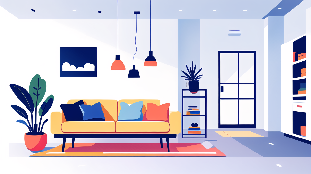 modern living room with yellow sofa, console desk table, and vibrant decor