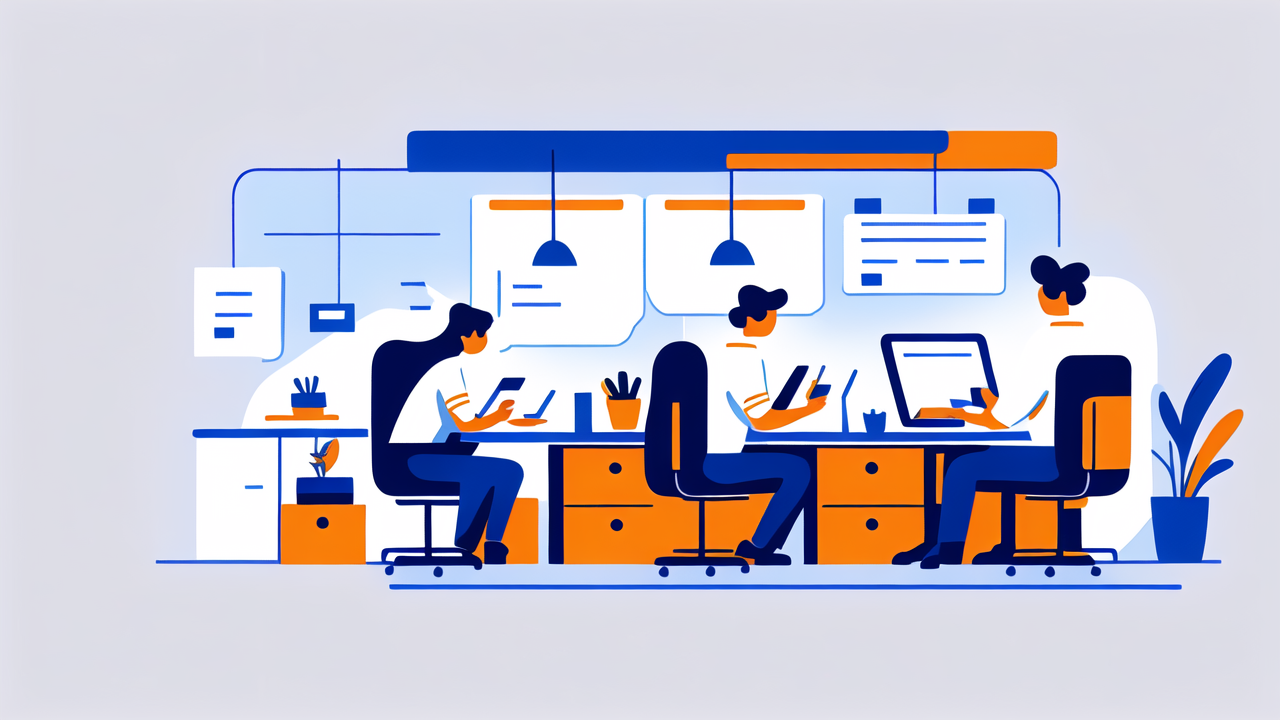 Modern workspace with minimalist office chairs, large table, presentation screen