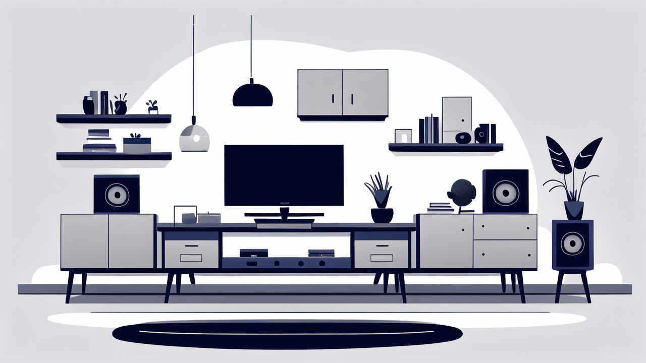 African living room with grey wood TV stands, speakers, plants, and pendant lights.