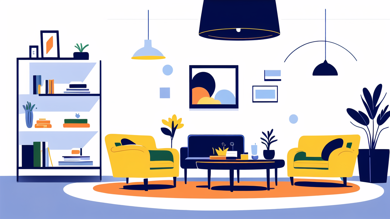 glass coffee table square, Modern living room with black coffee table, yellow armchairs, and blue rug
