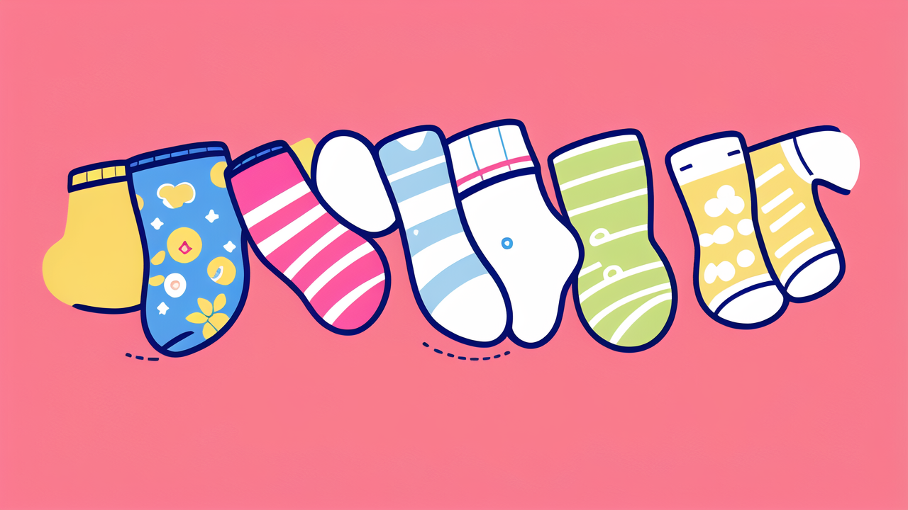 Playful array of colorful infant apparel socks on vibrant pink background