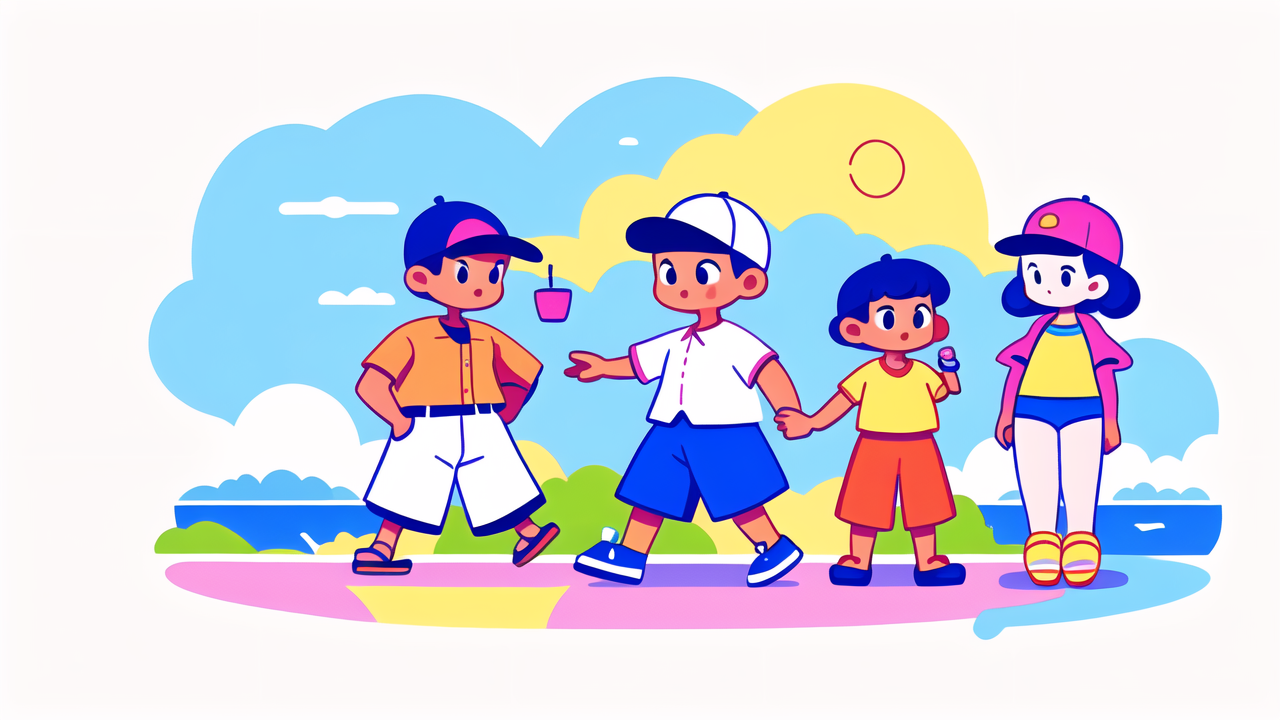 Vibrant cartoon of four children at a beach, highlighting seasonal fashion trends.