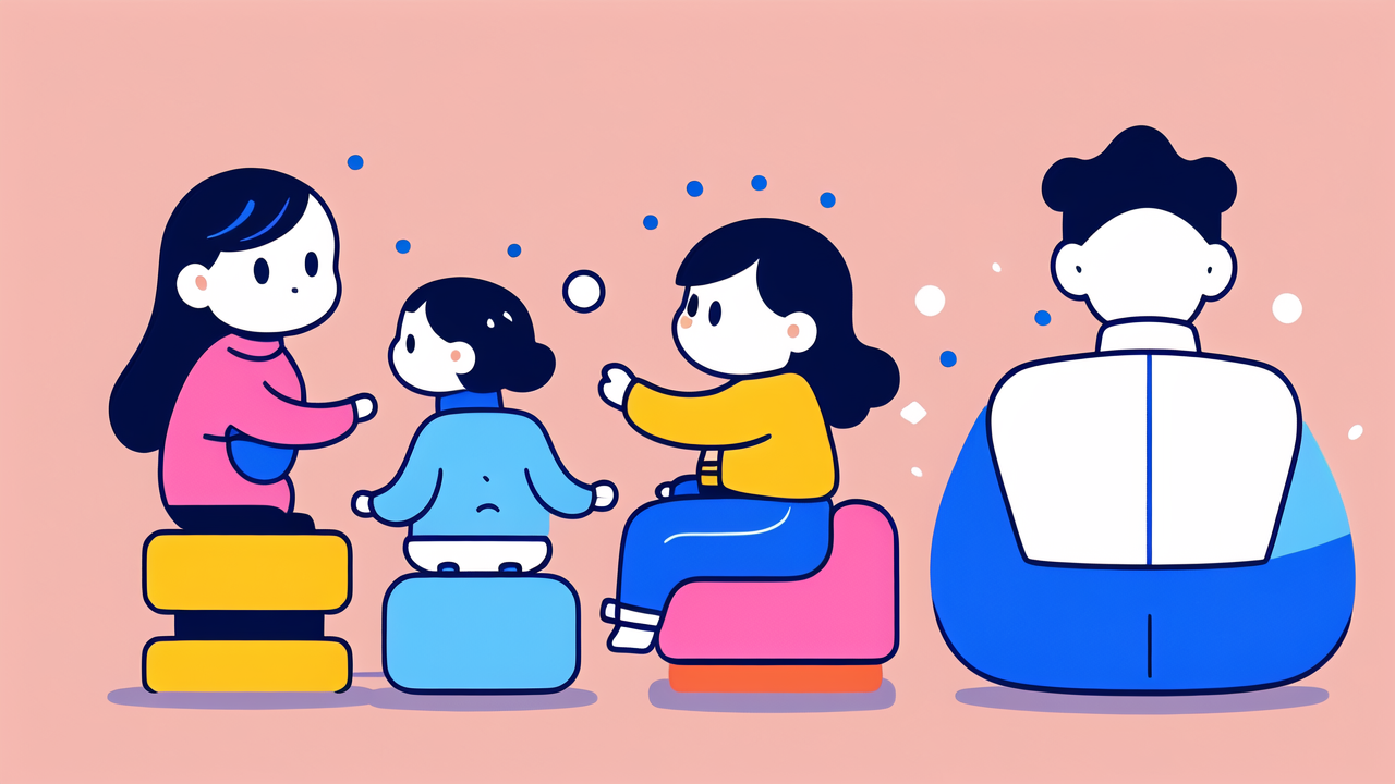 Cartoon conversation with expressive faces, hip chair, and pink background; Baby Clothes.