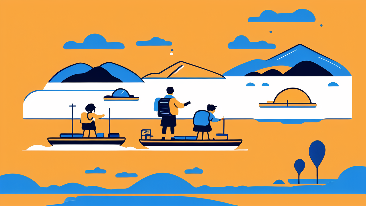 air safety, Family on boat wearing inflatable life vests amidst serene lake and mountain backdrop.