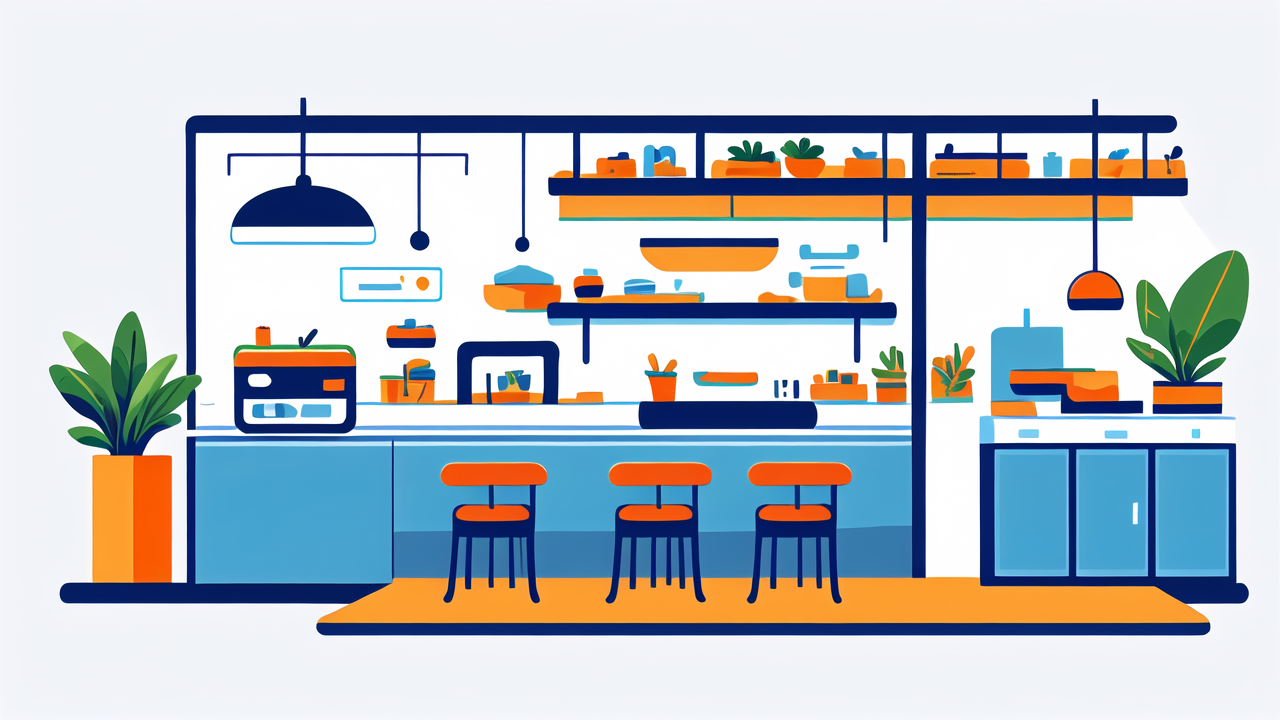 Modern office with Bar Chairs, multifunctional bed, vibrant blue-orange decor