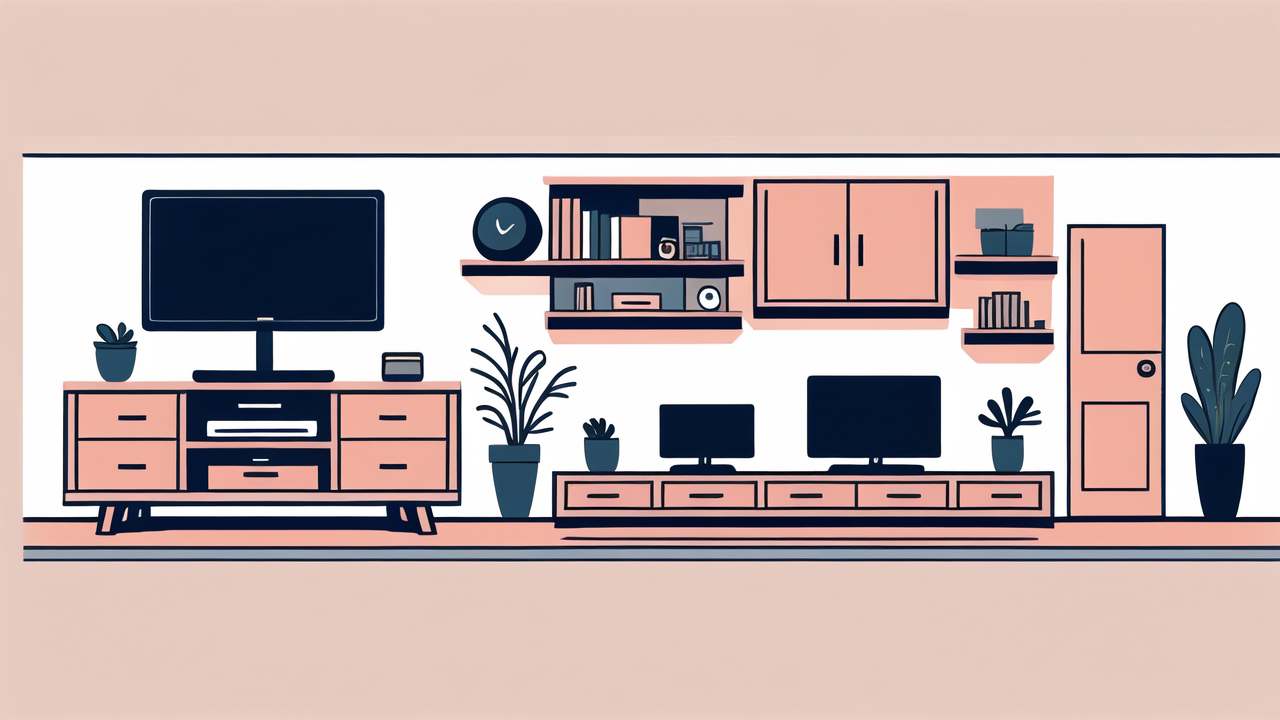 Rustic TV stand in a beautiful farmhouse, pink-white palette, lush potted plants.