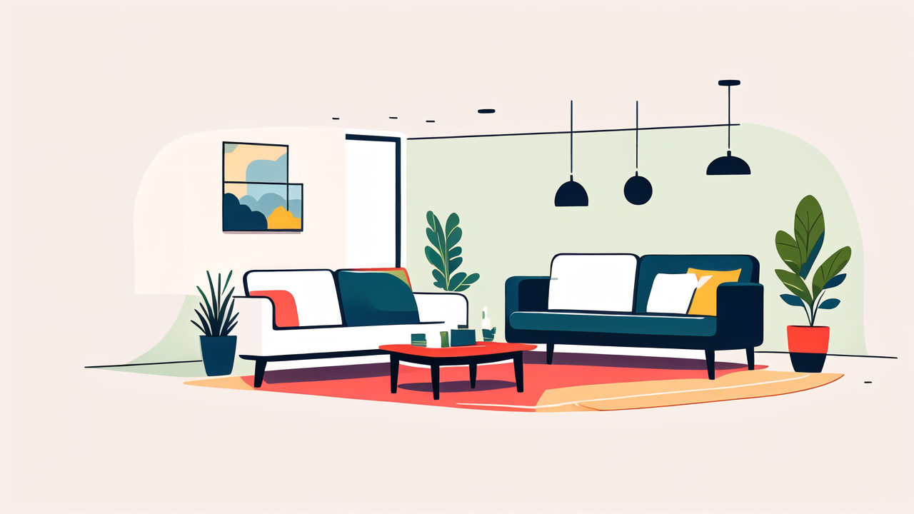 Modern living room with mini coffee tables, light green walls, decor in home.