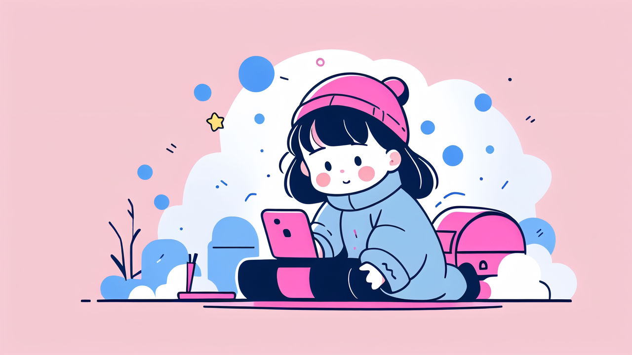 winter babies clothing, Young girl in winter baby clothing with pink tablet, blue coat, pink beanie, dreamy backdrop.