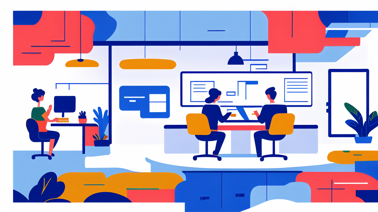 Modern office with minimalist office chairs, productivity improvement focus, plants.