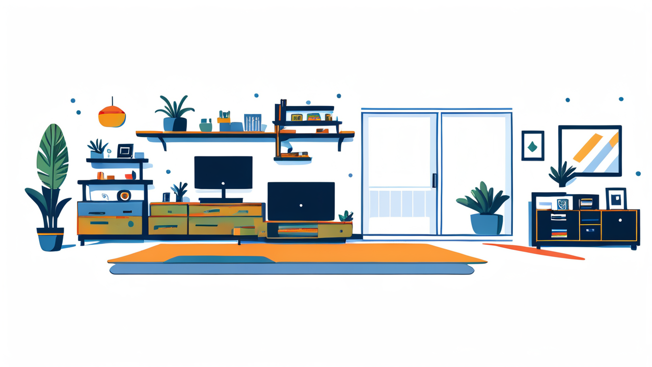 modern african living room with sleek living room furniture, TVs, plants, and pendant lights