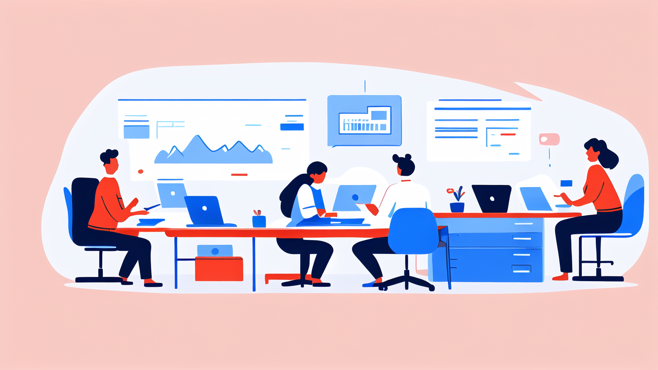 ergonomically, Modern office with Round Bar Carts, ergonomic desks, teamwork, and data analysis screen.