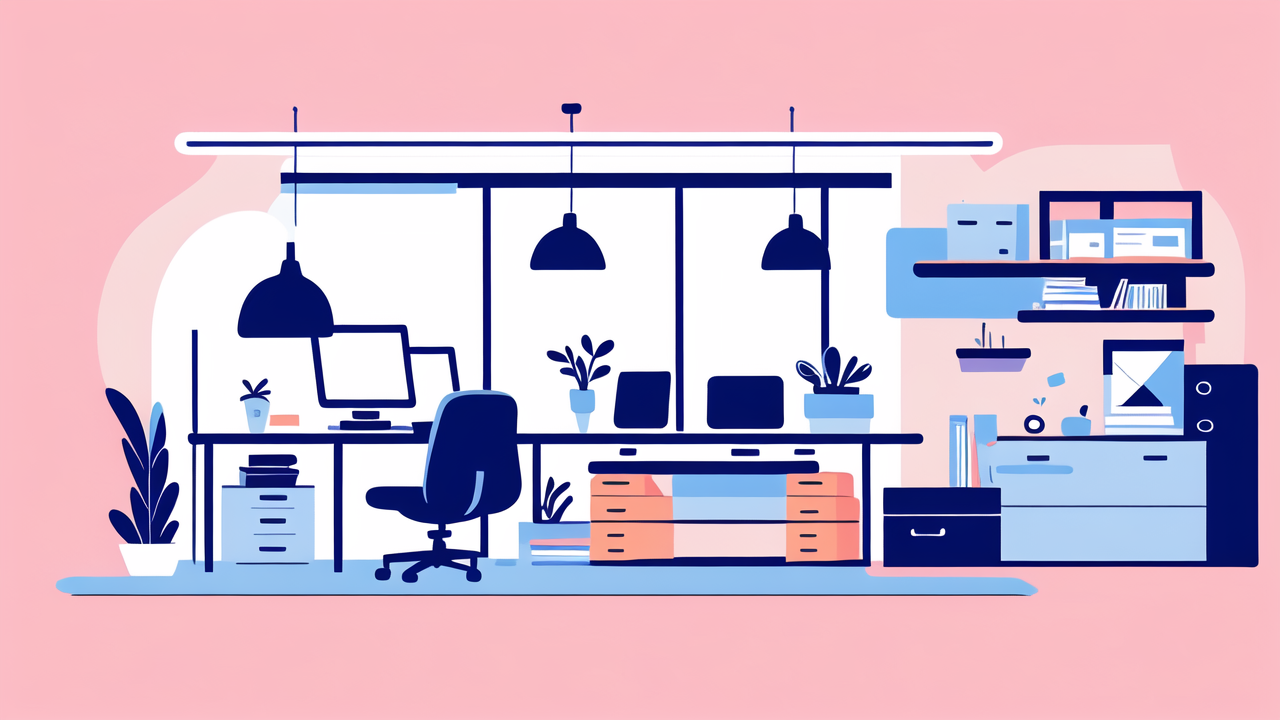 coffee tables home, modern office with desk, dual monitors, plants, black chair, blue and white decor