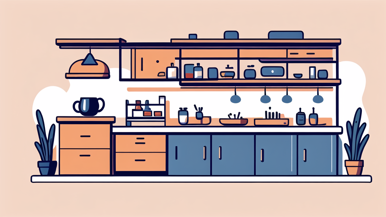 Modern kitchen with English Home Organizer, featuring Coffee Station Table setup.