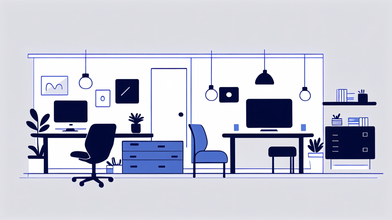 Modern office setup with Smart Space Storage and a minimalist end table set