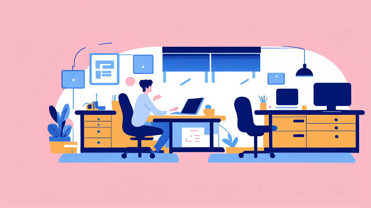 Modern office with multipurpose desk and collaborative workspace, featuring plants.