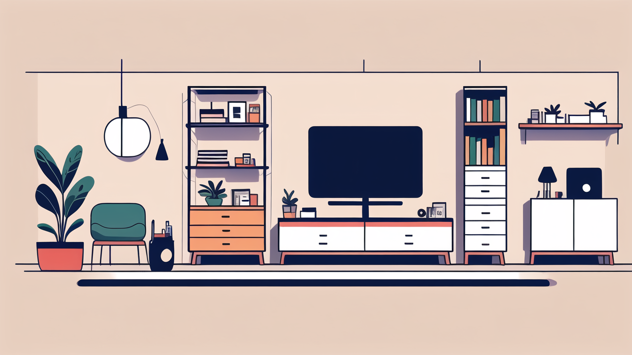 storage choice, Modern living room with orange sofa, TV, bookshelf; ideal for Storage Solutions