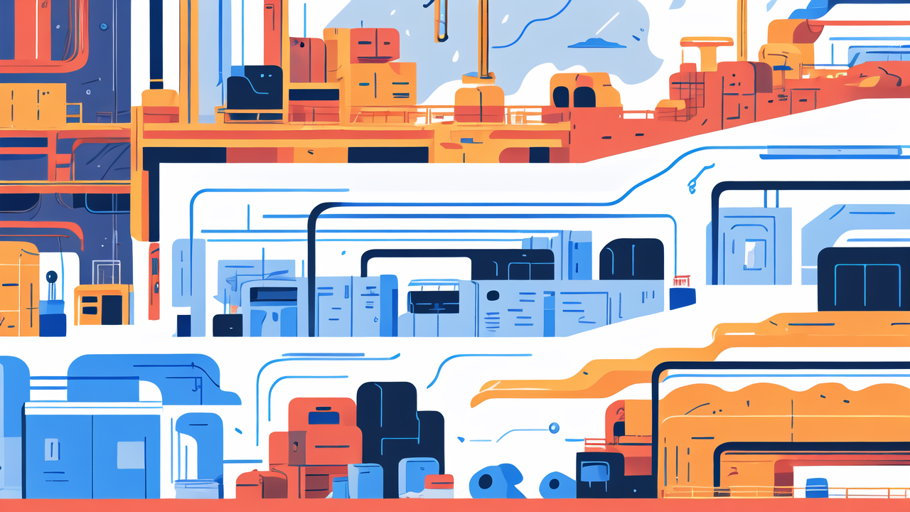 Futuristic industrial complex with vibrant geometric shapes; no carbon fiber pipes.