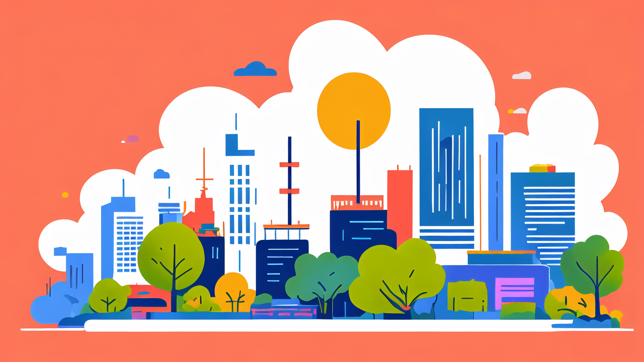 carbon nanofibers, Vibrant stylized cityscape illustration with diverse architecture and green trees.