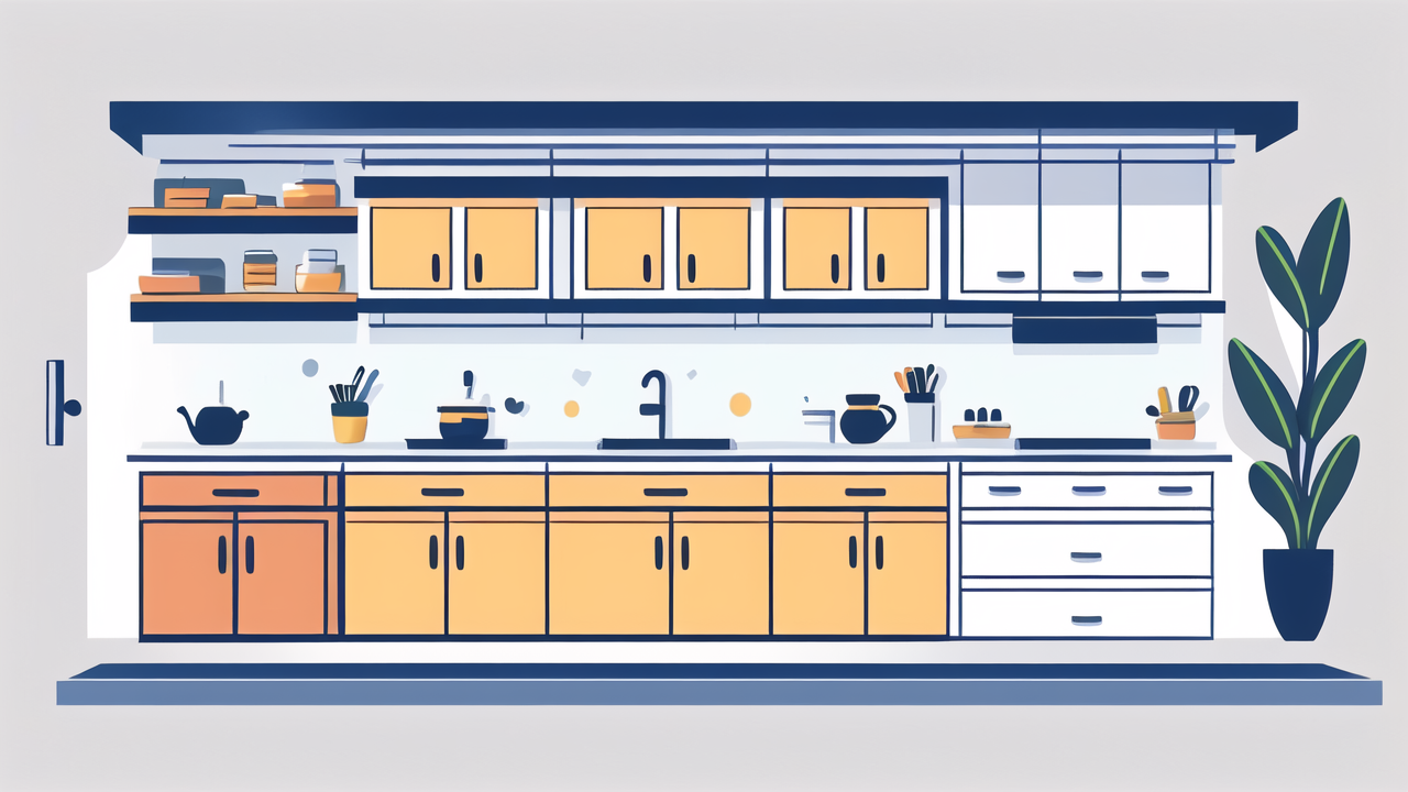 home storage, Modern blue and orange kitchen with organized cabinets, ideal for small space storage