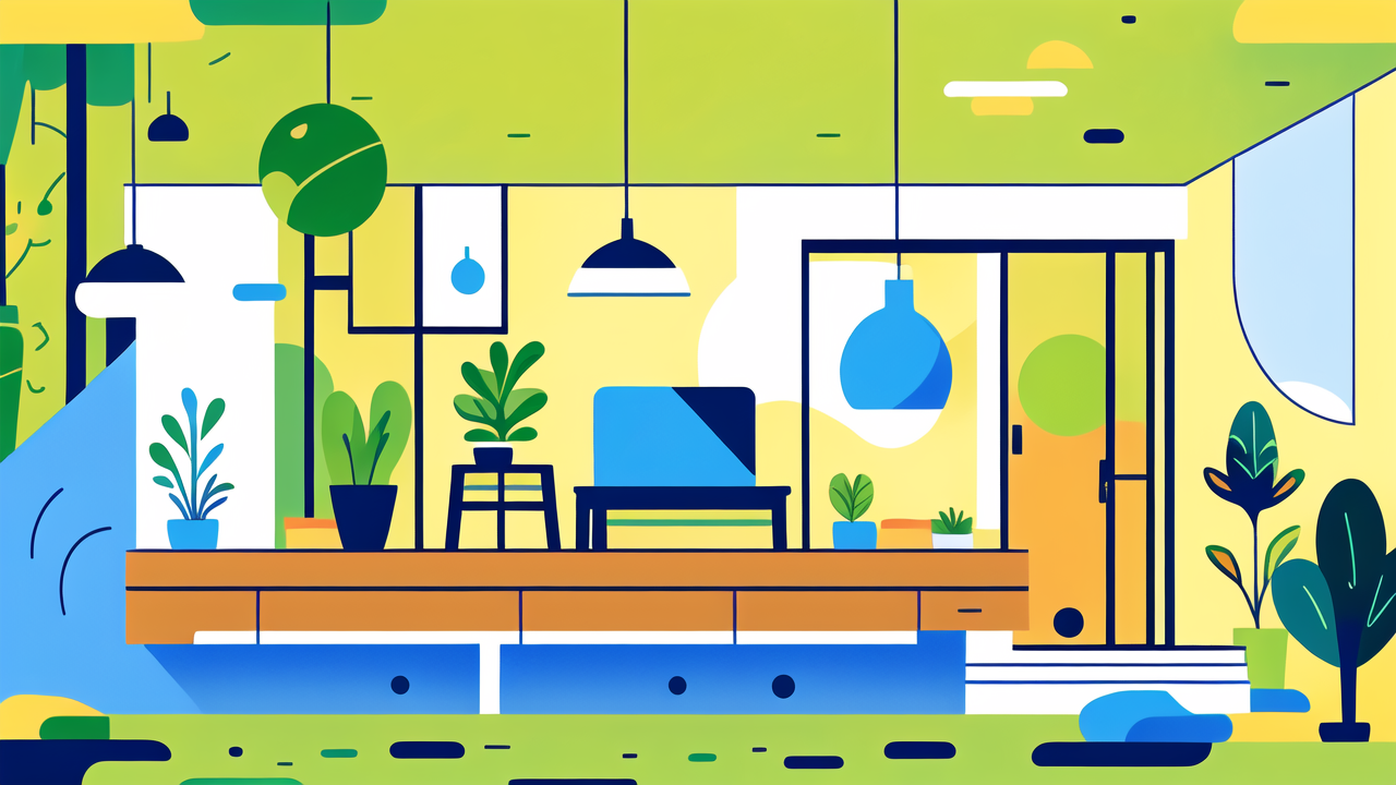 modern smart housing living room with XXXL Hanging Chairs, vibrant blue-yellow decor