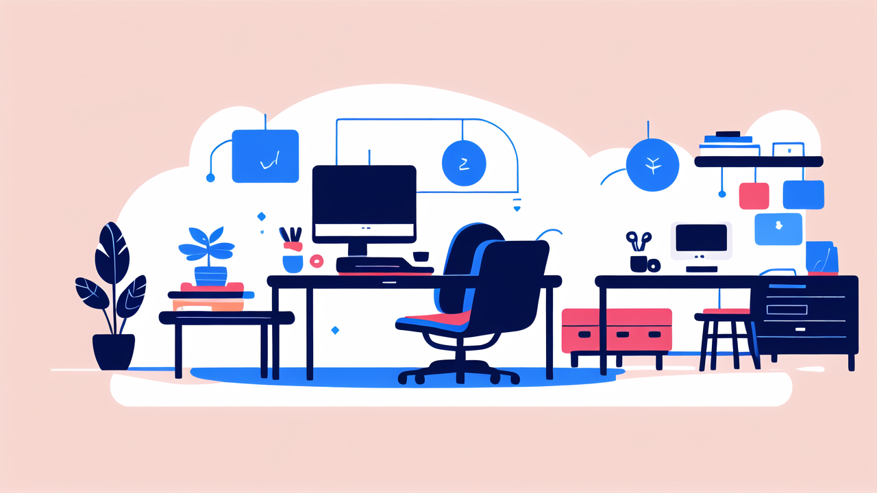 Home office organizer in vibrant workspace with desk, TV for Office, laptop, plant